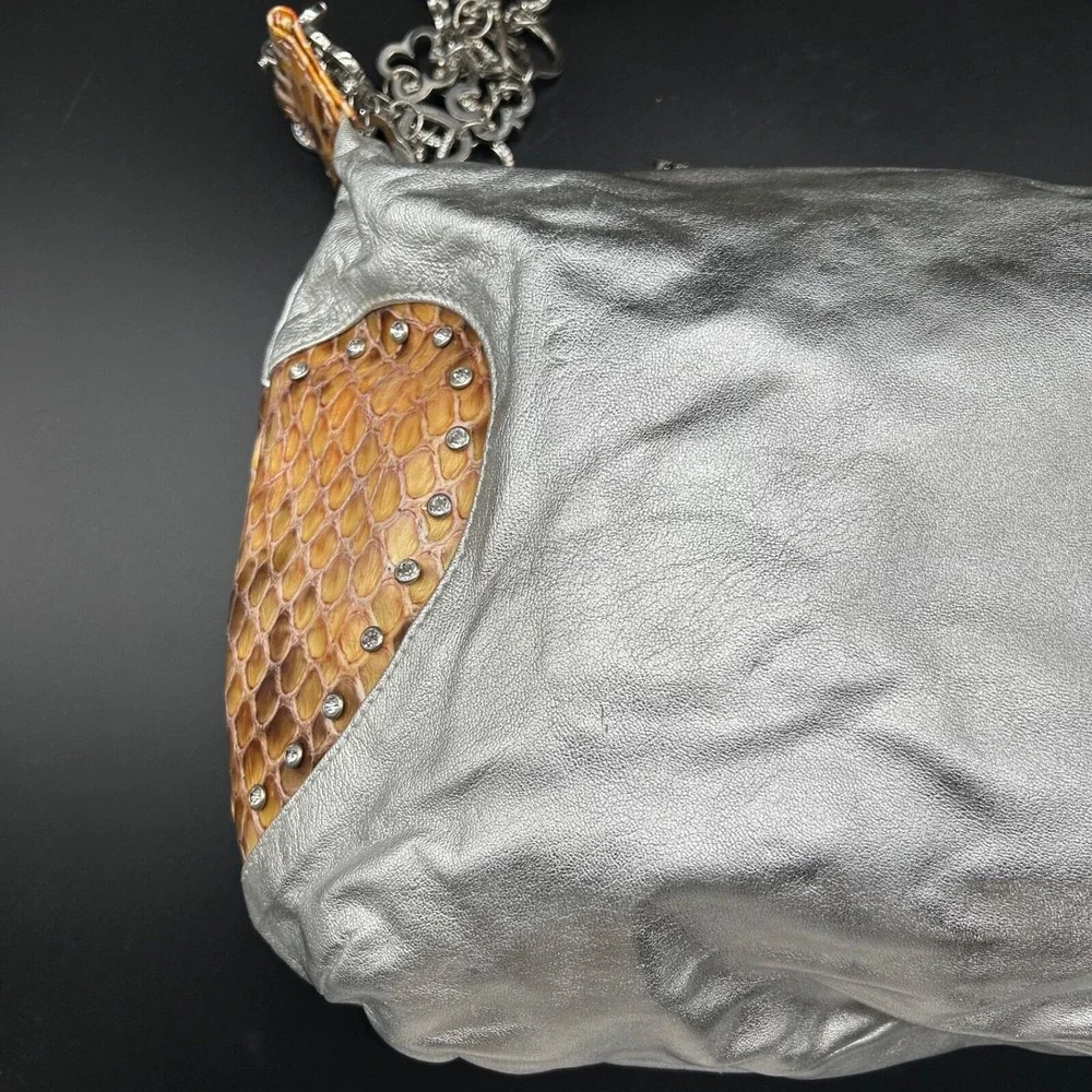 Charm And Luck Silver Leather Handbag Reptile Accent Rhinestone Hobo Rare Unique